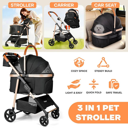Foldable 3-in-1 Pet Stroller for Small/Medium Dogs Cats up to 50 lbs, with Carrier, Storage Basket, Rain Cover