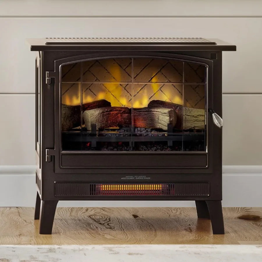 Infrared Freestanding Electric Fireplace Stove Heater in Bronze with Multiple Flame Colors and Faux Wooden Logs Metal Design Al