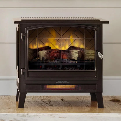 Infrared Freestanding Electric Fireplace Stove Heater in Bronze with Multiple Flame Colors and Faux Wooden Logs Metal Design Al