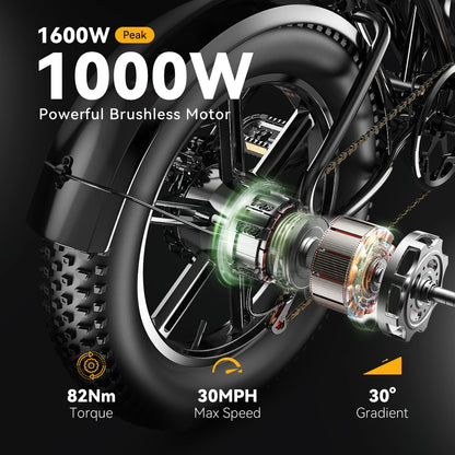 Cybervelo 20" Fat Tire All-Terrain E-Bike, 48V 20AH Detachable Battery, 1000w Motor 30MPH 80Miles+ Electric Bike for Adult EK11