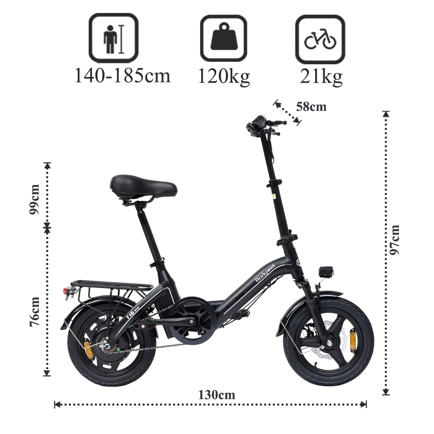 Bodywel T16 Pro 14" Folding Electric Bike for Adults Commuter-36V 10.4Ah Battery UL Certified EBike, Peak 750W Motor mini E-Bike