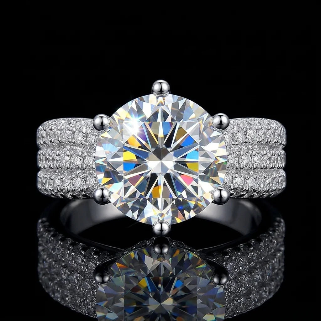 5 Carat Round Moissanite Ring, D Color VVS1, 925 Sterling Silver, Twisted Shank Pave Setting Wedding Band, Pass Diamond Tester