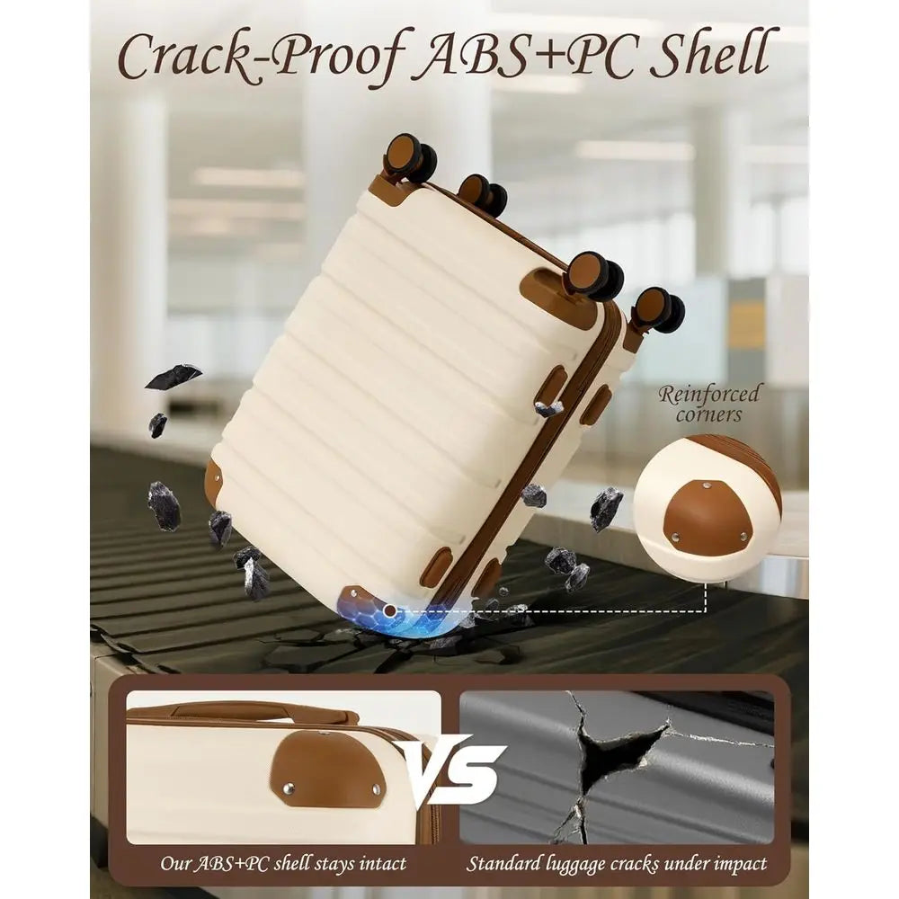 5-Piece Lightweight Carry-On Luggage Set with Dual Bag ABS+PC Hardshell, Spinner Wheels, TSA Lock (White Brown)
