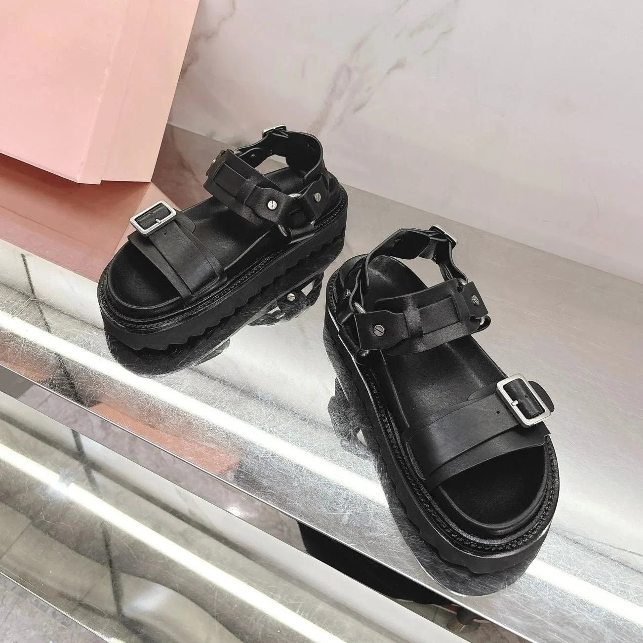 2025 Summer Newest Retro Genuine Leather Open-Toe Thick Sole Buckle-Strap Woman Sandals Mary Janes Beacg Shoes Mules