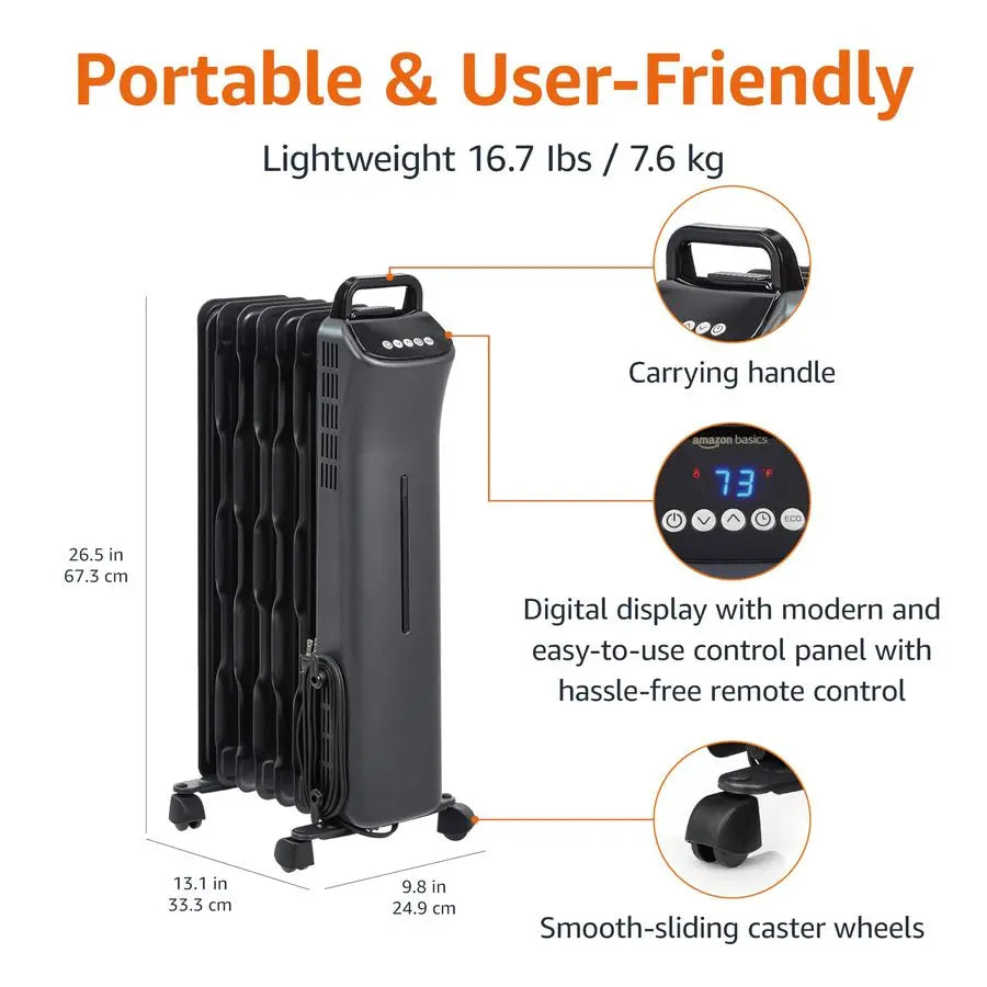 Portable Oil Space Heater with Remote Control, 7 OilFilled Fins, Adjustable Thermostat, 3 Heat Settings, TipOver and Overheat Pr
