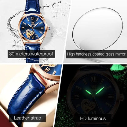 OLEVS Watches or Women Automatic Ladies Watch Mechanical Leather Strap Sel-Winding Diamond dial Waterproo