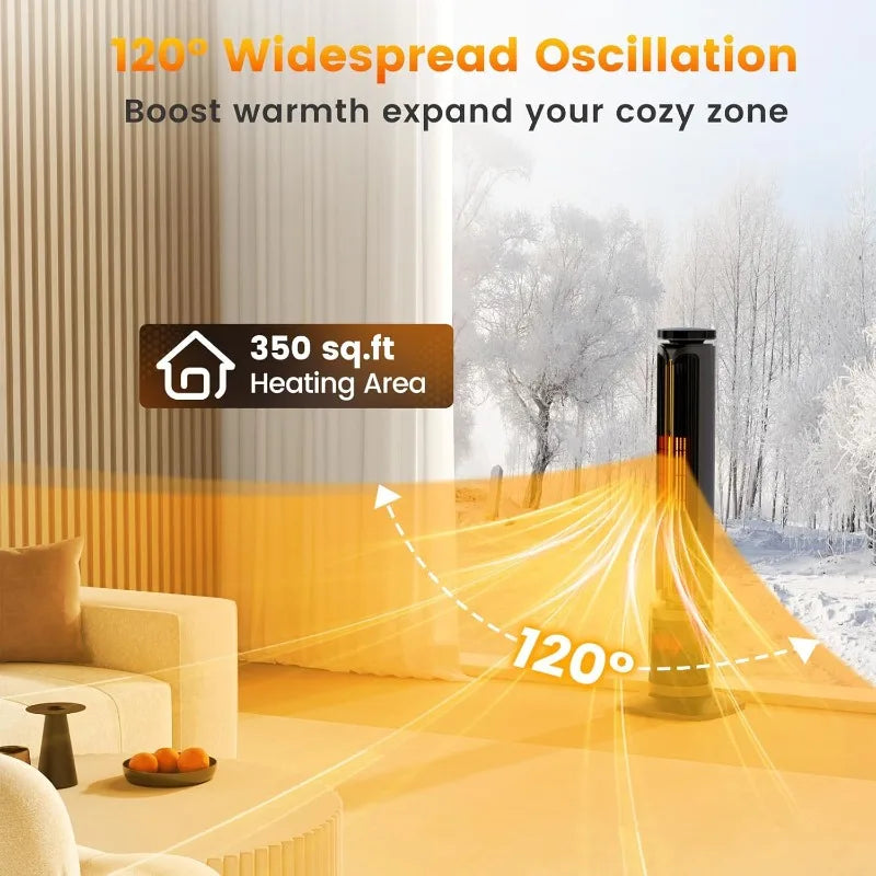 Auertech 34.5" Space Heaters,1500W PTC Electric Heater with 3D Flame,Oscillating Heater w/ 12H Timer,Portable Tower Heaters,Grey