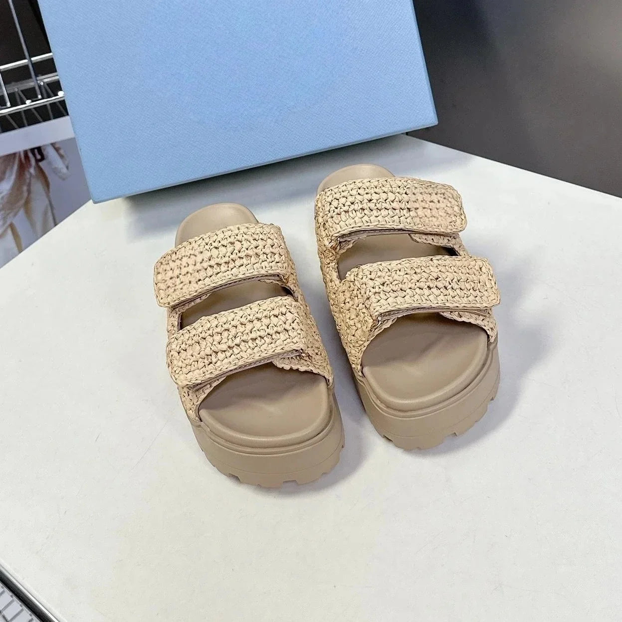 2025 New Summer Handmade Beach Slides For Woman Espadrilles Mules Shoes Magic Tape Thick Sole Woman Slippers FlipFlops