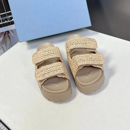 2025 New Summer Handmade Beach Slides For Woman Espadrilles Mules Shoes Magic Tape Thick Sole Woman Slippers FlipFlops