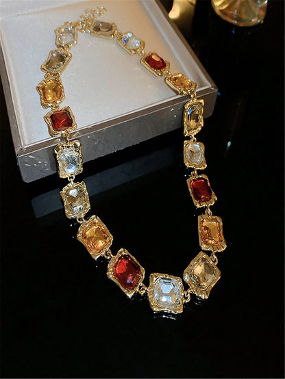 Retro Luxury Rhinestone Square Choker Necklace for Women, Exaggerated Court Style Collarbone Jewelry