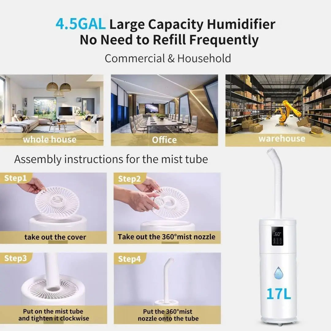 Large Room Humidifier 2000 sq.ft, 17L Capacity with Extension Tube, 4 Speed Mist & 360° Nozzle for Home Office Greenhouse