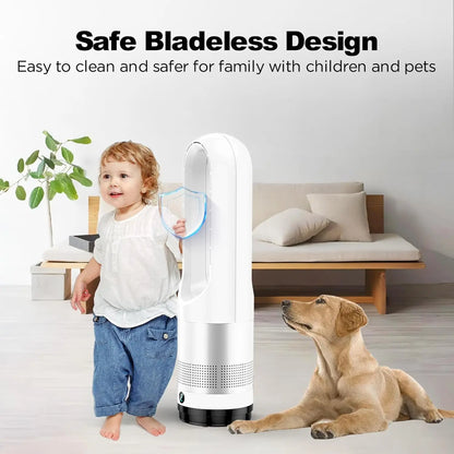Bladeless Tower Fan Heater Cooler Combo Remote Oscillation Speeds Heating Modes Timer LED Display Quiet Safety Fast Heat Bedroom