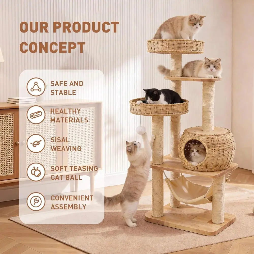 55 Tall Indoor Cat Tree with Multi-Level Platforms, Scratching Post, and Hammock for Large Cats