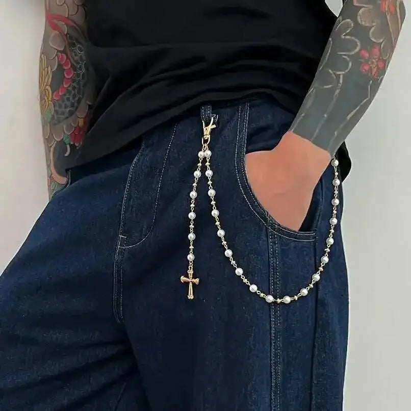 Ingemark Creative Cross Pendant Imitation Pearl Keychain Wallet Belt Chain for Men Women Trousers Hipster Jeans Chain Jewelry