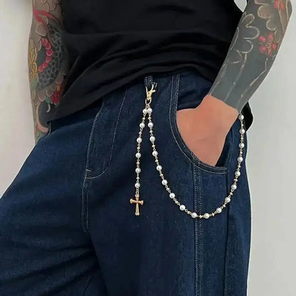 Ingemark Creative Cross Pendant Imitation Pearl Keychain Wallet Belt Chain for Men Women Trousers Hipster Jeans Chain Jewelry