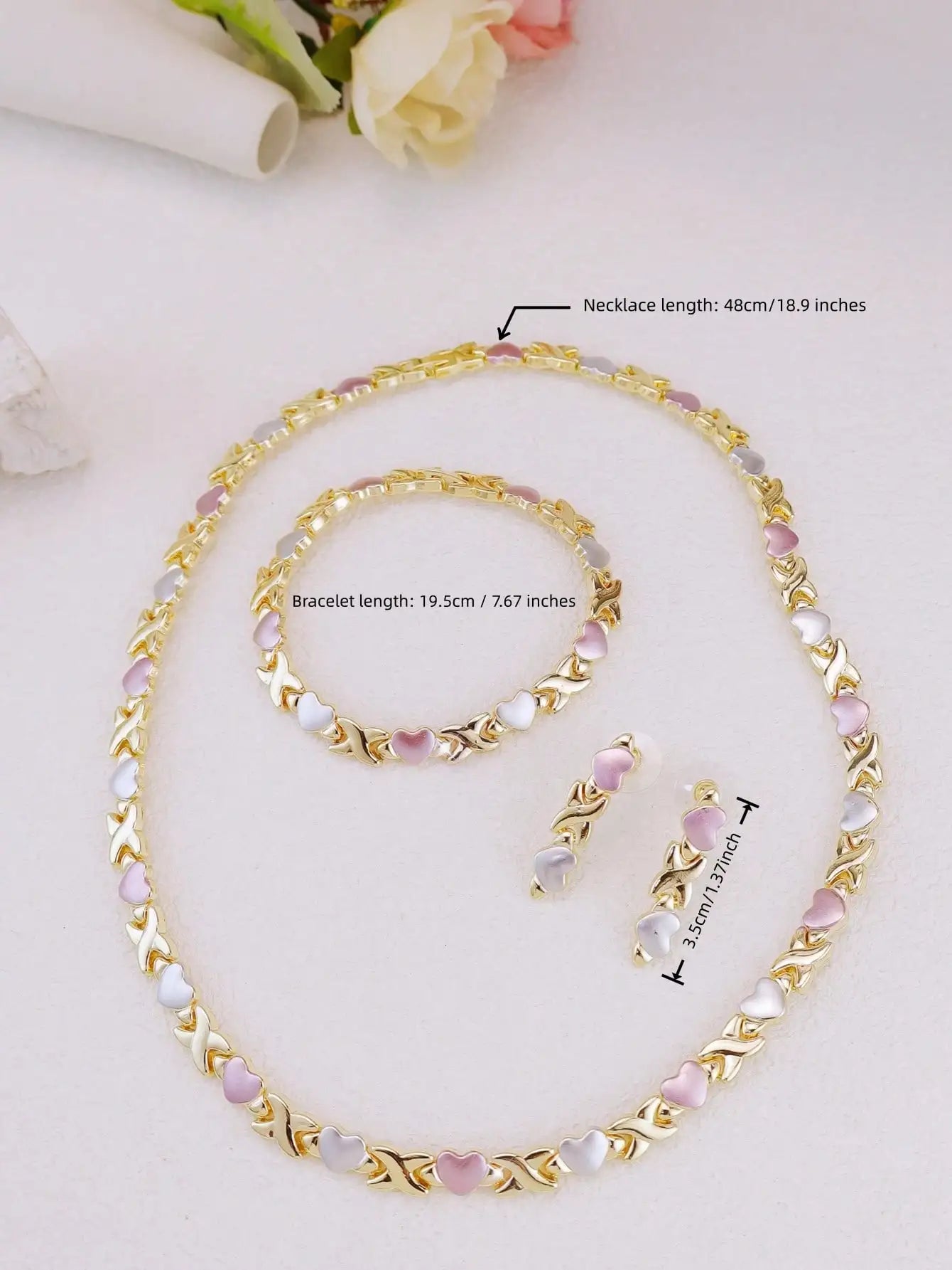 Gold Plated Heart Necklace & Earrings Set for Women, Tricolor XOXO Design, Wedding Bridal Dress Accessory