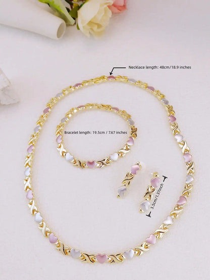 Gold Plated Heart Necklace & Earrings Set for Women, Tricolor XOXO Design, Wedding Bridal Dress Accessory