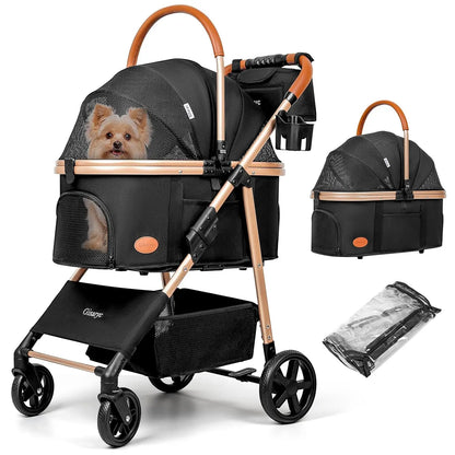 Foldable 3-in-1 Pet Stroller for Small/Medium Dogs Cats up to 50 lbs, with Carrier, Storage Basket, Rain Cover