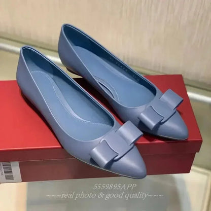 2026 Spring and Autumn women's pointy bow single shoe leather head layer cowhide shallow mouth comfortable wedge