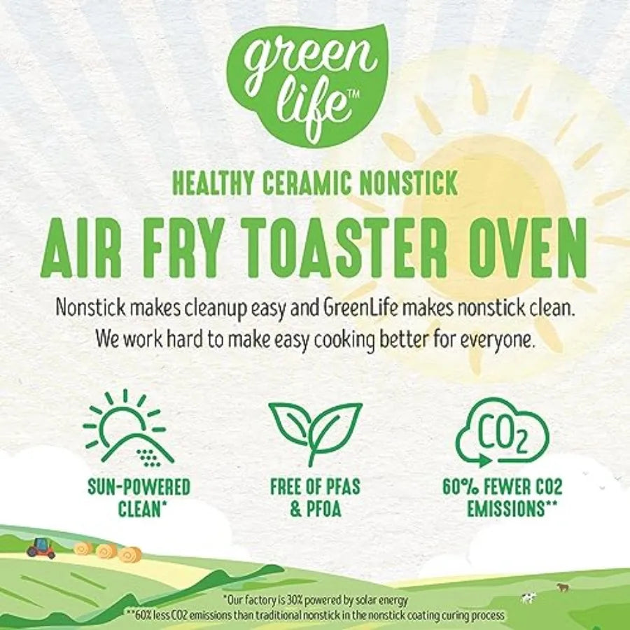 Countertop Toaster Oven Air Fryer Stainless Steel Healthy Ceramic Nonstick PFAS Free Tray Basket Bake Broil Reheat Adjustable T