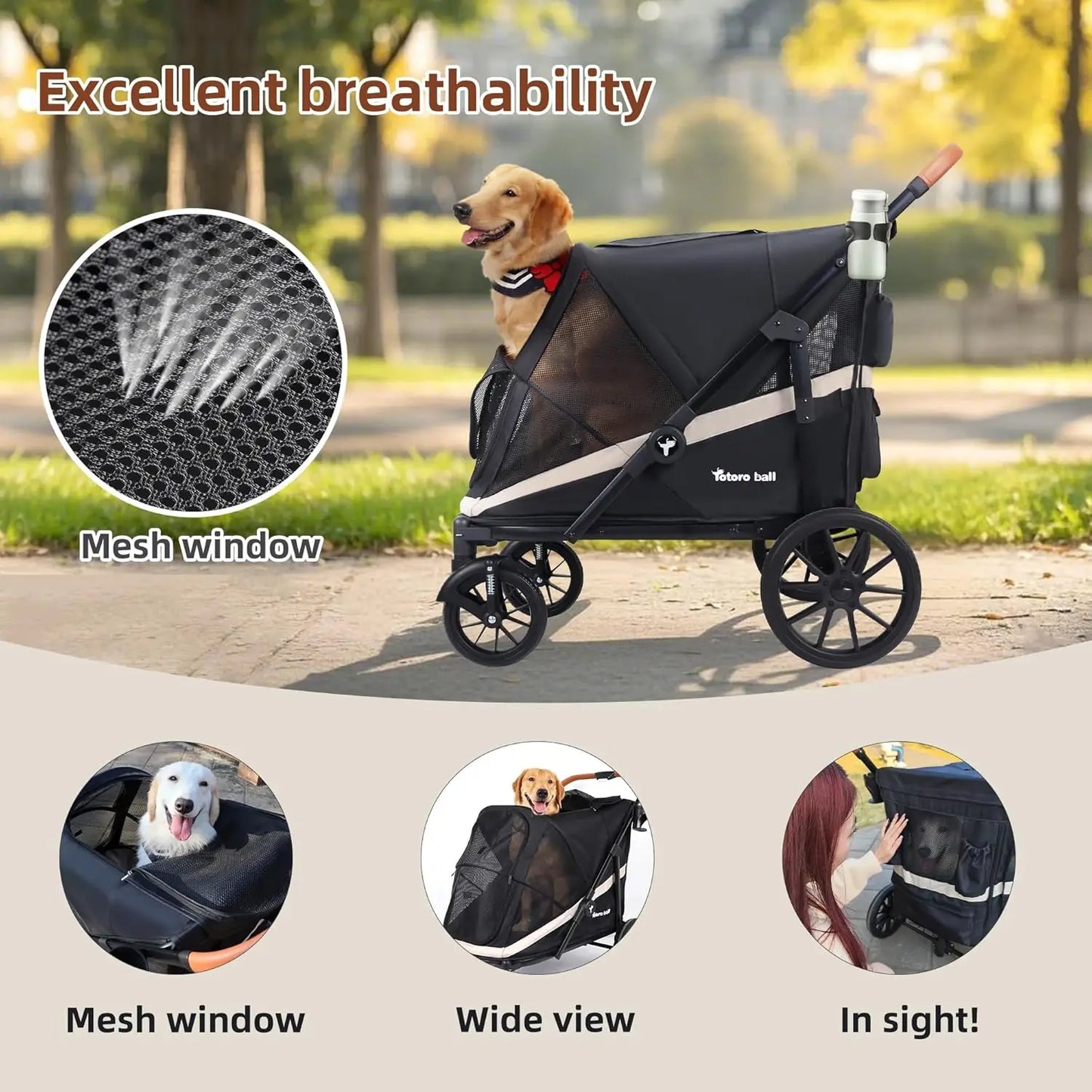 Large Dog Stroller for 2 Pets, One-Click Foldable with Storage, Holds Up to 80LBS