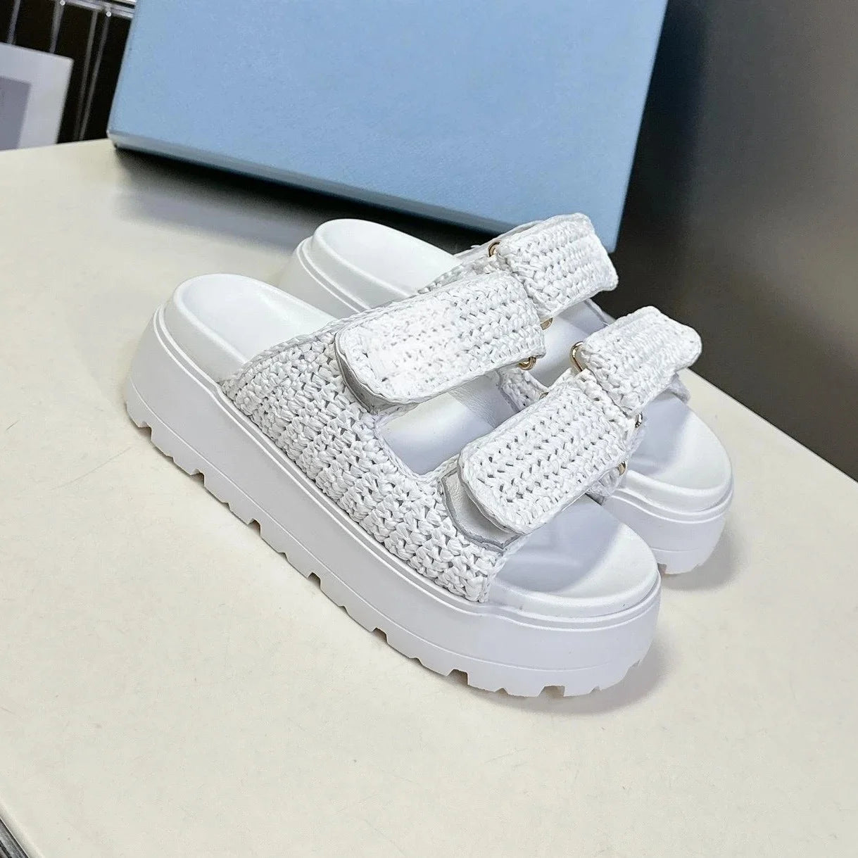 2025 New Summer Handmade Beach Slides For Woman Espadrilles Mules Shoes Magic Tape Thick Sole Woman Slippers FlipFlops