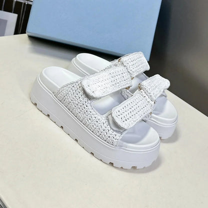 2025 New Summer Handmade Beach Slides For Woman Espadrilles Mules Shoes Magic Tape Thick Sole Woman Slippers FlipFlops