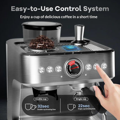 Espresso Coffee Maker With Grinder, 20 Bar Stainless Steel Professional Espresso Coffee Maker With Milk Frother, 2.8L Water Tank