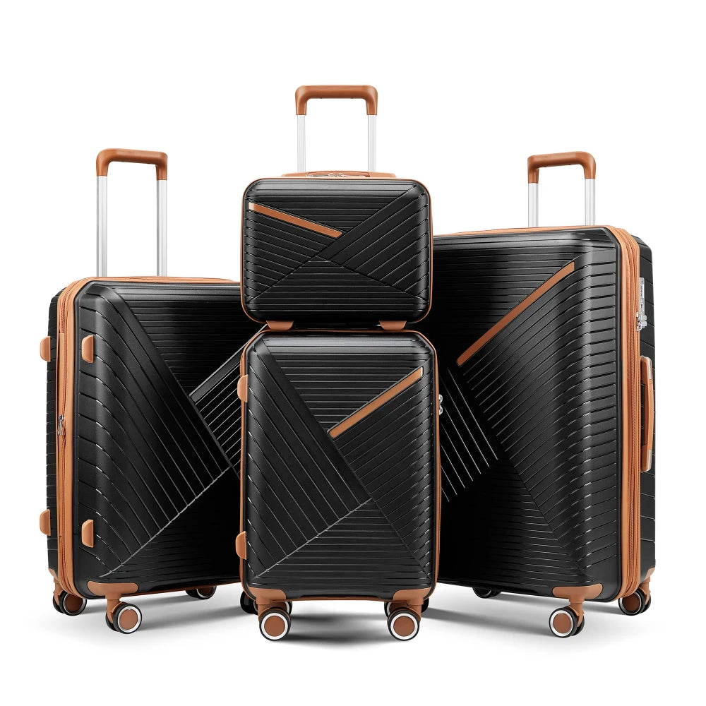 4 Piece Expandable PP Luggage Sets 14 20 24 28 Inch Lightweight Durable Suitcase Double Mute Spinner Wheels TSA Lock