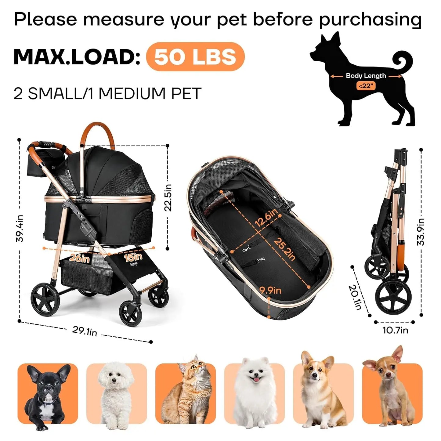 Foldable 3-in-1 Pet Stroller for Small/Medium Dogs Cats up to 50 lbs, with Carrier, Storage Basket, Rain Cover