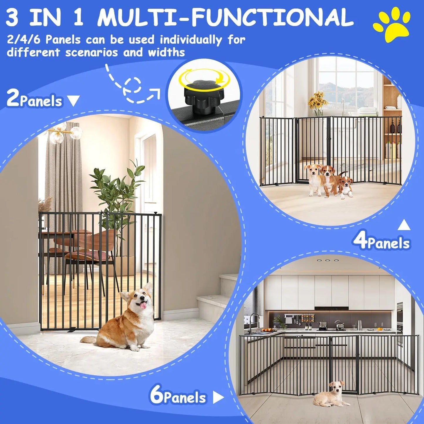 6-Panel Freestanding Metal Dog Gate with Door, 120''W Foldable Pet Fence for Indoor/Outdoor Use, 32''H Tall