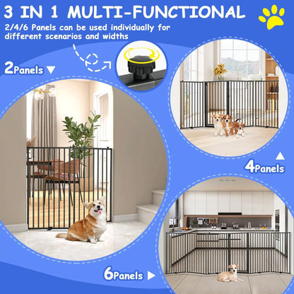 6-Panel Freestanding Metal Dog Gate with Door, 120''W Foldable Pet Fence for Indoor/Outdoor Use, 32''H Tall