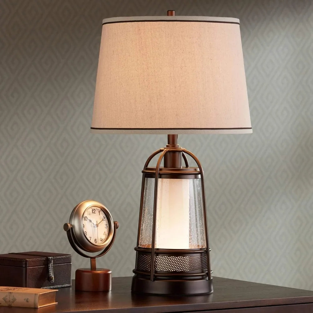 Industrial Rustic LED Nightlight Table Lamp 26 High Bronze Metal Seeded Glass Off-White Drum Shade