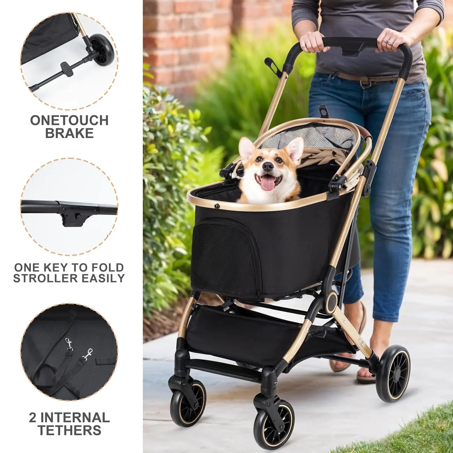 Foldable 3-in-1 Pet Stroller with Storage Basket, for Small/Medium Dogs Cats up to 50lbs