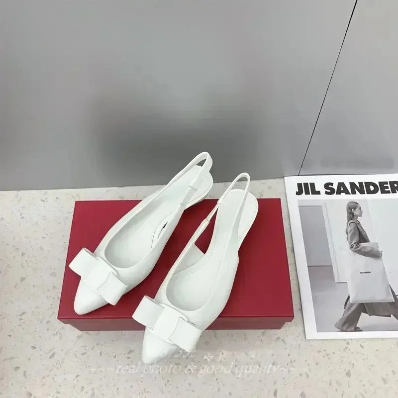 2026 spring and summer new leather pointe women's sandals low heel wedge bow shallow mouth simple sandals