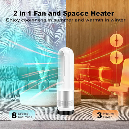 Bladeless Tower Fan Heater Cooler Combo Remote Oscillation Speeds Heating Modes Timer LED Display Quiet Safety Fast Heat Bedroom