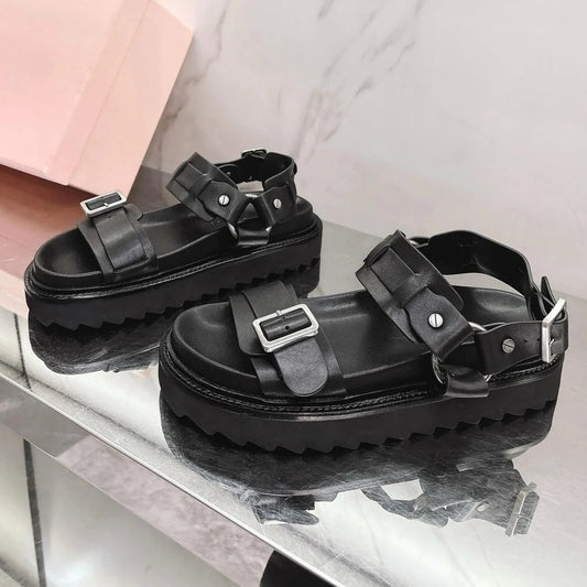 2025 Summer Newest Retro Genuine Leather Open-Toe Thick Sole Buckle-Strap Woman Sandals Mary Janes Beacg Shoes Mules