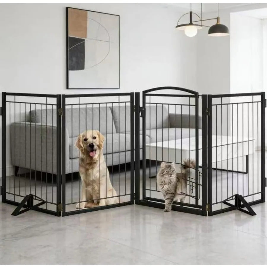 Full Metal Freestanding Dog Gate with Cat Door for OutdoorandIndoor32" Tall Foldable Dog Fence 80" Extra Wide Freestanding Pet