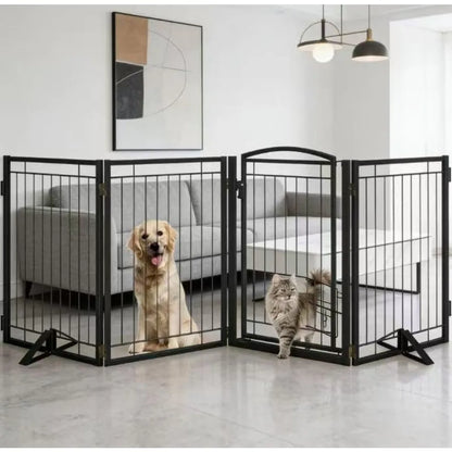 Full Metal Freestanding Dog Gate with Cat Door for OutdoorandIndoor32" Tall Foldable Dog Fence 80" Extra Wide Freestanding Pet