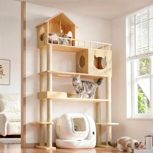 Wood Cat Tree for Automatic Litter Box 74.4" Tall Cat Tower for Self Cleaning Litter Box Cats Tree for Indoor Cats Large Adult