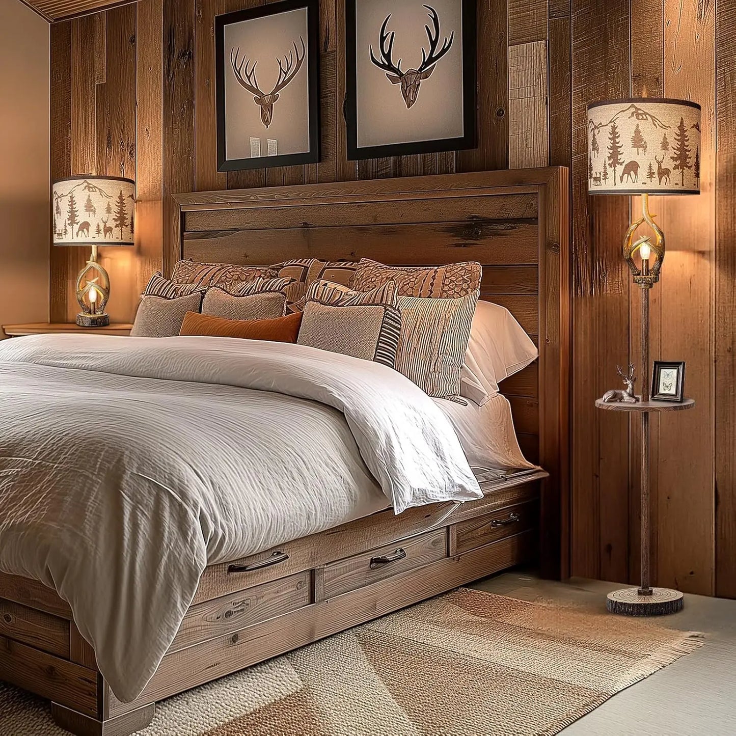 Rustic Antler Floor Lamp with Tray and Night Light, Farmhouse Decor for Living Room Bedroom Office