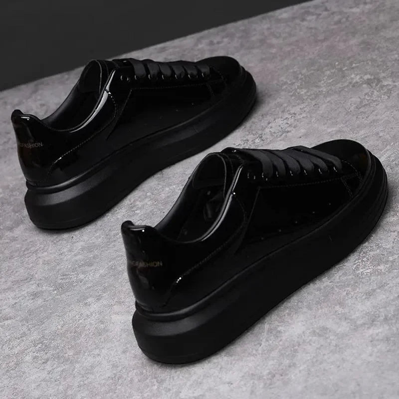 Luxury Shoes 2026 Trendy Men's Autumn New Glossy Black Casual Leather Shoes, Spring Fall Fashion Sneakers 5481