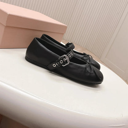 2026 Shoes Women Genuine Leather Ballet Flats Mary Janes Butterfly Knot Round Toes Buckle Strap Designer Shoes Zapatillas