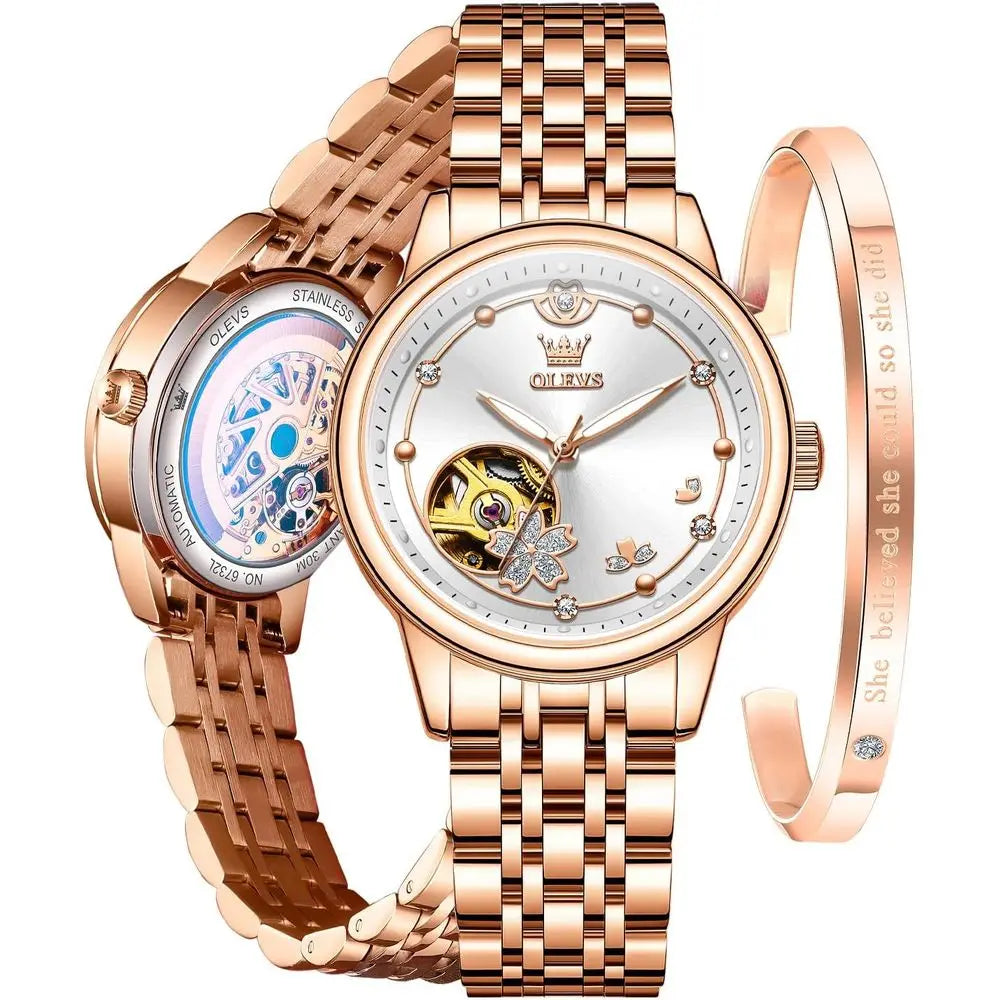 OLEVS Womens Automatic Watches Luxury Diamond DrWatch or Woman Sel Winding Ceic Strap Waterproo Watch and Bracelet Set or Ladies