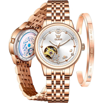 OLEVS Womens Automatic Watches Luxury Diamond DrWatch or Woman Sel Winding Ceic Strap Waterproo Watch and Bracelet Set or Ladies