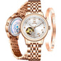 OLEVS Womens Automatic Watches Luxury Diamond DrWatch or Woman Sel Winding Ceic Strap Waterproo Watch and Bracelet Set or Ladies