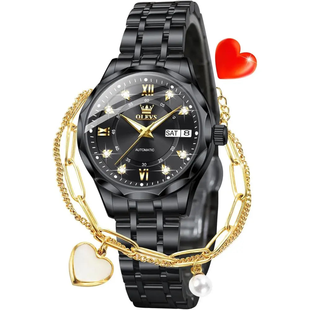 OLEVS Womens Watches Casual ern Diamond Automatic Mechanical Ladies Sel Winding DrTwo Tone Wrist Watch Date Day