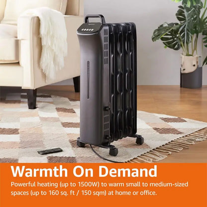 Portable Oil Space Heater with Remote Control, 7 OilFilled Fins, Adjustable Thermostat, 3 Heat Settings, TipOver and Overheat Pr