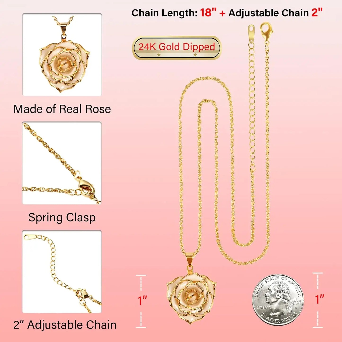 AliveRose Real Rose Gold Dipped Necklace Gifts for Women, 24K Gold Dipped Rose Pendant Necklace Jewelry Mothers Day Anniversarie