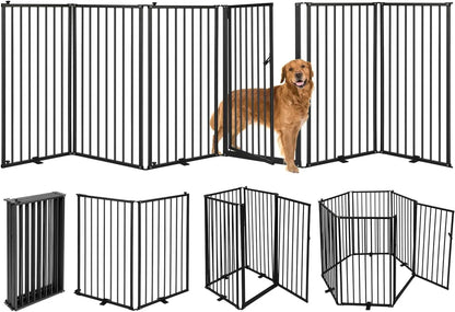 6-Panel Freestanding Metal Dog Gate with Door, 120''W Foldable Pet Fence for Indoor/Outdoor Use, 32''H Tall